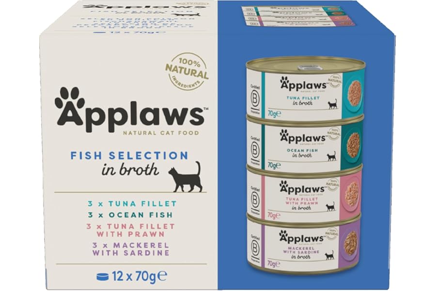 Applaws Natural Wet Cat Food, Multipack Fish Selection in Broth 70 g Tin (Pack of 12)