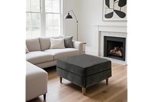 SYLC Ottoman Cover Stretch Velvet, Footstool Cover and Pouffe Cover Non-slip with Elastic Bottom/ties, Slipcover for Folding Storage Poofy Foot Stool (Med grey,Square-M Ottoman+Seat)