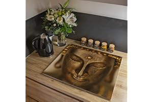 banjado® Glass Hob Cover Plate 2-Piece 60 x 52 cm Chopping Board with Buddha Gold Motif / Ceramic Hob Cover 2-Piece / Chopping Board Glass Individually Usable
