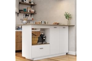 ‎CALDION Caldion Kücheninsel mit Arbeitsplatte,Küchenwagen mit schubladen,Küchenschrank mit Verstellbare Schotten,Buffetschrank Holz&Weiß