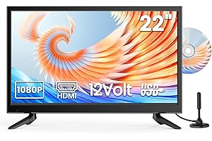 Desobry 22 Inch Small TV with Built-in DVD Player, 1080P Mini television Built-in DVB-T2 tuner Antenna, HDMI/USB/AV Input – 12V TV-DVD Combo for Motorhomes, Caravans, Kitchen and Bedroom