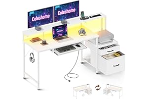 Coleshome Escritorio Gaming con LED, 140x48cm Escritorio Gamer Reversible con Tomas de Corriente y USB, Escritorio con Cajones de Tela y Archivador, Mesa con Bandeja para Dormitorio Hogar, Blanco