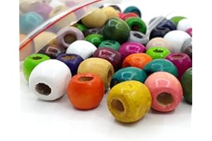 Perlin Lot de 200 perles en bois de 12 mm à enfiler - Grand trou de 5 mm - Rond - Mélange de couleurs - Pour le bricolage