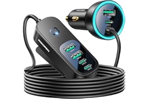 ‎ROCOREN Rocoren Ładowarka samochodowa 105 W, PD35W QC3.0 6-portowa ładowarka samochodowa USB C Fast Charge z niebieską diodą LED i przewodem o długości 1,5 m do iPhone/iPad/Galaxy/Huawei/MacBook Air Serie