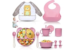 Dazhtu Set Pappa Svezzamento, 11 Pezzi Svezzamento Set Silicone Piatto per Bambini con Ventosa Ciotola Cucchiaio Tazza Bavaglino,Training Esercitarsi A Mangiare Da Soli, Set di Posate,Senza BPA(Rosa)