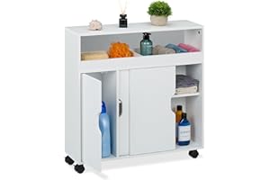Relaxdays Carrito Auxiliar Estrecho, Armario Puertas Correderas, 71,5 x 70 x20 cm, Mueble Baño y Cocina, MDF, Blanco, Plástico, Tablero de Fibras