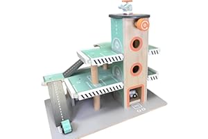 Jumini Wooden Toy Garage with Working Lift, Car Wash & Helipad - Includes Helicopter, Ambulance & Car - Ages 2+