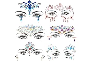 BKRDTY Bosster brokatowa biżuteria na twarz, festiwal, 6 arkuszy na twarz, kamienie szlachetne, kryształki, błyszczące kamyczki, naklejki na imprezy i pokazy makijażu