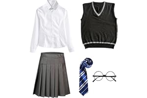 FStory&Winyee Zauberer Set Bluse Rock Weste Krawatte Brille Kostüm Zubehör für Kinder Erwachsene Zubehör Set Striped Tie Gestreifte Krawatte zum Karneval Fasching Halloween,2 Weiblich-blau,S