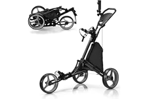 COSTWAY Carrello da Golf Pieghevole con 3 Ruote, Struttura in Alluminio, Cinghia Elastica, Portaombrello Regolabile e Porta Bicchiere, Segnapunti e Freno a Pedale