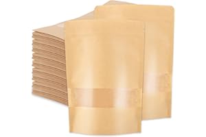 SENENQU Lot de 100 Sachet kraft Alimentaire avec Fenetre, 17×24CM Sachet Kraft Zip Réutilisables, Imperméable Sac Kraft Alimentaire Petit Format pour Noix, Nourriture