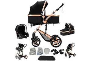 Veitoalioy Poussette 3 en 1, Haute vue Poussette Bebe Pliante, Poussant Avant Et Arrière En aluminium, Système De Voyage Pour Bébé (588 Noir Doré)