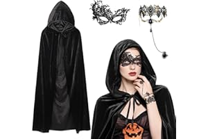 KYOEOE 3er Schwarzer Umhang mit Kapuze Set,140/150/170cm Halloween Umhang Samt mit Maske & Gothic Finger Kette Vampir Umhang Damen Darth Mittelalter Cape Vampire Kostüm für Karneval Fasching Partys