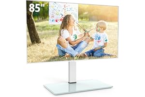 FITUEYES Stojak na telewizor 50–215 cm, stabilny stojak na telewizor z regulacją wysokości, obrót o 80° i podstawa ze szkła hartowanego, nośność 65 kg, maks. VESA 800 x 600 mm, biały