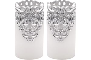 Eldnacele Hollow Vintage Silver Flickering Flameless Candles with 5H Timer, Battery Operated Real Wax Pillar Candle for Wedding Party Home Christmas Decoration, Set of 2