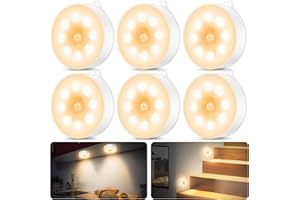 daphomeu Luz led nocturna con sensor de movimiento,Funciona con 3 pilas AAA.iluminación de armario, sensor de movimiento interior para escaleras, dormitorio, cocina.(Blanco cálido,6 Piezas)