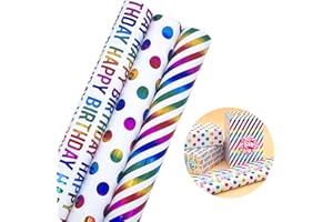 CC WONDERLAND ZONE 3 Rouleaux Coloré Papier Cadeau 43cm x 3M,Papier D'Emballage Multicolores(Point/Diagonale/Happy Birthday)