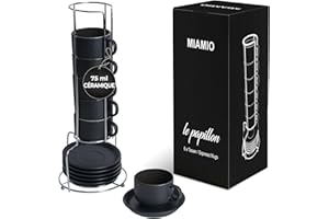 MIAMIO - 6 x 75 ml Ensemble tasses à expresso en grès tasse expresso en céramique tasse a cafe expresso - Le Papillon Collection (Noir)
