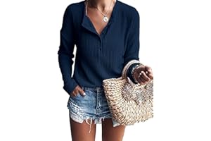 WNEEDU Pull Femme à Manches Longues en Tricot Gaufré Tunique T-Shirt Chemise Henley Décontracté Col V avec Boutons