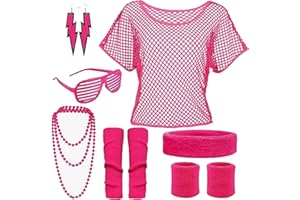 SSKHE Déguisement Année 80,90 Femme T-shirt Resille Colliers Boucles d’oreilles Accessoires De Costume Guêtres Costume Disco Carnaval Fête Néon 80,90 Deguisement Costume Carnaval Fête Néonmme