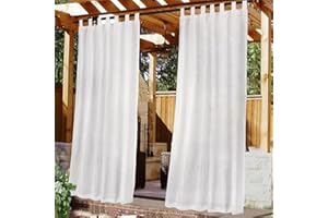FASCINATDECO Outdoor Gardinen Wetterfest Halbtransparent Outdoor Vorhang Wasserdicht 2 Stücke Terrasse Vorhänge mit Klettverschluss Leinenoptik Outdoorvorhänge für Pavillon, 243x132 cm, Weiß