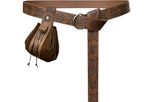 HiiFeuer Średniowieczny pasek O-ring z przenośnym woreczkiem ze sznurkiem, retro renesansowy pasek ze sztucznej skóry i zestaw torebek na Ren Faire, Brązowy D, 185cm/72.8inch