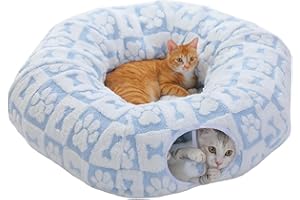 PAWZ Road Pluszowy Tunel dla Kotów Domowych 2 w 1 - Kształt Pączka, Tunel i Legowisko, Średnica 85 cm, Niebieski