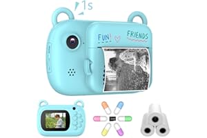 PONOSEU Kinderkamera, 1080P Sofortbildkamera Kinder Digitalkamera, Fotoapparat Kinder mit 32GB Karte, Mädchen Geschenke, Geburtstag Weihnachten Geschenk für Kinder 3-12 Jahren (Blau und weiß)