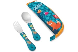 MAPED PICNIK MAPED Set De Cubiertos Infantiles, Cuchara Y Tenedor De Acero Inoxidable Con Estuche, Diseño Divertido Para Niños, Ergonómicos Y Seguros, Vajilla Para Pequeños, Ideal Para Escuela Y Viajes