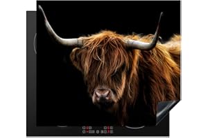 KitchenYeah© Induction Hob Protector Mat 20.5"x23.6" / 60x52 cm Cooker Top Protectors Cover Ceramic Covers Electric Hobs Vinyl Scottish Highlander - Horns - Black - Animals - Nature