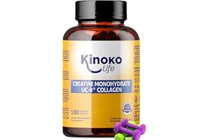 Kinoko Life Creatine Monohydrate 3000 mg avec UC-II Collagène 180 gélules. Monohydrate de Créatine Micronisée Pure. Creatine gélules pour Articulations et Musculation. Pre Workout, Preworkout
