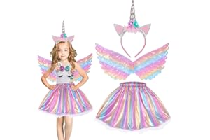 Hifot Einhorn Kostüm Prinzessin Set 3 Stück，Regenbogen Tutu Rock Mädchen Kostüm Tüllrock,Einhorn Haarreif Flügel für Mädchen für Unicorn Cosplay Kindergeburtstag Karneval