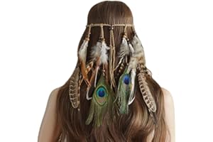 BUXIUGK Ymwave Damen Stirnbänder Hippie Boho Haarband Haarschmuck Indisch Kopfschmuck Feder Quasten Gürtel Seil Weben mit Holzperle für Frauen Festival Karneval, 2#, One Size