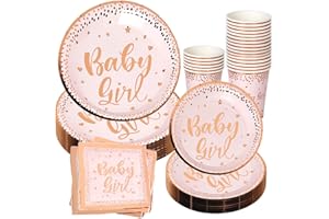 FENGRISE Baby Shower Plates and Napkins Girl for 24 with Pink Gold Paper Plates,Dessert Disposable Tableware,Napkins,Disposable Cups for Baby Shower Girls Birthday Party Supplies,Floral Decorations,Wedding