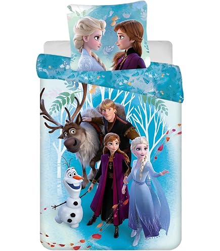 Parure Letto Frozen Per Singolo - Copripiumino Reversibile 140x200 Cm + Federa 65x65 Cm In Cotone 100% - Con Elsa, Anna E Olaf
