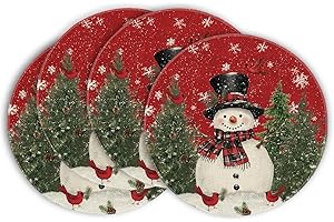 ‎ARTOID MODE Artoid Mode Rot Schneemann Vögel Weihnachten Runde Platzsets 4er Set, 37cm Winter Xmas Tischset Waschbar Platzdeckchen Küche Party Deko