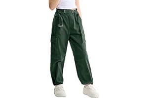 Rolanko Girls Cargo Trousers with Belt Adjustable Elasticated High Waist Corduroy Joggers Kids Hip Hop Dance Pants