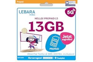 LEBARA Carte SIM prépayée avec Hello! 13 tarifs prépayés sans contrat | Allnet Flat Téléphonie & SMS, 13 Go de données avec 5G et 100 minutes gratuites à l'étranger