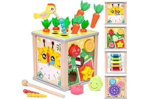 YULEYU Montessori 6 in 1 Cubo di attività in Legno, Giocattolo per la Prima educazione per Idee Regalo per Bambini e Neonati, cubo di abilità motorie con Orologio, Gioco di abilità motorie, xilofono