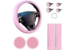 GISWELL Pink Steering Wheel Cover for Women, Universal 10Pcs Car Accessories with Seat Belt Shoulder Pad, Cup Holder, Car Air Vent Clip, Start Button Sticker (Pink Steering Wheel Cover Kit)