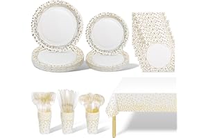 AIPartywar Stoviglie per Feste Oro Bianco 141 Pezzi Stoviglie Carta Set Include Piatti di Carta Tovaglioli Tazze, per Nuziale Doccia, Matrimonio, Compleanno(20 Ospiti)