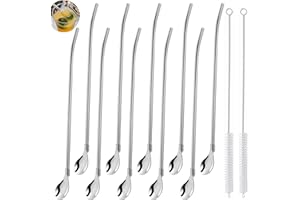 JINSION 12 Pièces Pailles Cuillère 2 en 1 Cuillère à Paille Réutilisable Acier Inoxydable Pailles à Boire Cuillère en Métal Cuillère à Cocktail Cocktail Agitateurs pour Smoothies Laits Frappés Cocktail