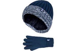HEAT HOLDERS - Children Boys Winter Warm Fleece Lined Insulated Knit Turn Over Cuff Ribbed Hat and Gloves Set