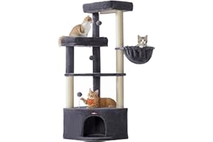 Feandrea Cat Tree Tower, 48.5 x 48.5 x 140.7 cm, Cat Condo with Large Cave, Large Perches, Scratching Posts, Pompoms, Basket, Dark Grey PCT009G02