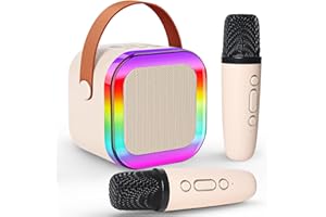 Jsdoin Karaoke Machine 2 Microphones, Portable Karaoke Machine with LED Light, Birthday Presents Microphone for Kids Families Birthday Party Gifts(Beige)