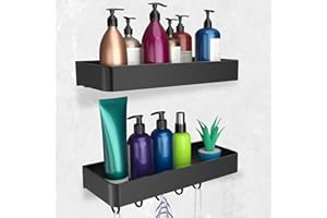 Vexillic Estanteria Ducha Negro, 2 Piezas Estanteria Baño Sin Taladro 30cm Aluminio Estanteria Ducha Autoadhesivo con 5 Ganchos para Baños Cocinas Salas de Estar