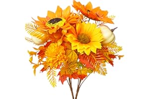 ‎KINISTY Kinisty Kunstblumen Herbst Sonnenblumen 2 Bündel Herbstblumen Künstliche Blumen mit Kürbis, Ahornblätter, Farn für Sommer Herbst Erntedankfest Halloween Deko