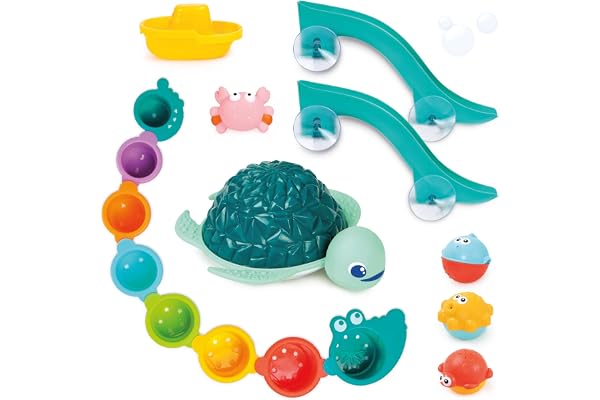 LUDI – Coffret de Bain XXL – 16 Jeux d’Eau interactifs – Toboggans, Tortue Lumineuse et Cups Pluie – Développe motricité et Coordination – Dès 10 Mois