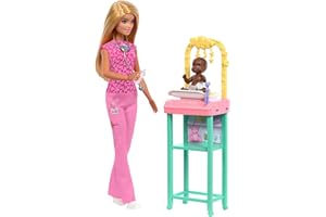 Barbie Pediatra Muñeca, muñeca de moda rubia con uniforme de médico rosa, un muñeco bebé con accesorios y muebles de bebé, JCR72