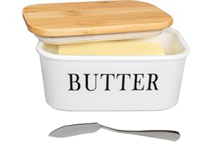 AngLink Butterdose Porzellan mit Holzdeckel Butterschale Geschirr für 250 g Butter Keramik Multi-Funktion Butter Dish mit Messer Silikonlippe Iuftdicht